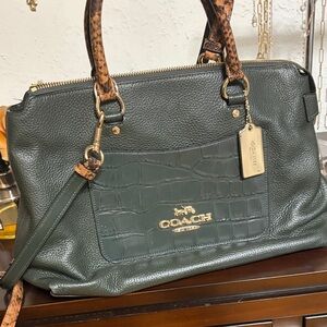 Coach Dark Green Leather Satchel with Brown Accents